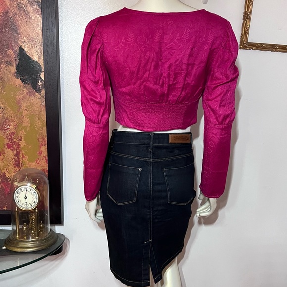 Anthropologie Rahi Rahi square Neck Puffy Sleeve Brocade Crop Top Pink small AB - Picture 8 of 11